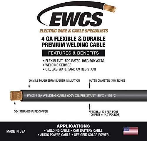 EWCS 4 Gauge Premium Extra Flexible Welding Cable 600 Volt - Black - 25 Feet - Made in the USA