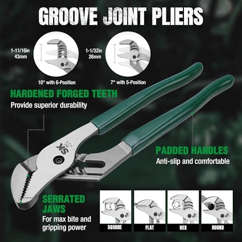 SK Tools USA 5-Piece Pliers Set, Clamping & Cutting Pliers, Roll-Up Pouch | 6" Slip Joint Pliers, 7" & 10" Groove Joint Pliers, 8" Long Nose & Angled Diagonal Pliers, High Carbon Steel, Padded Handle