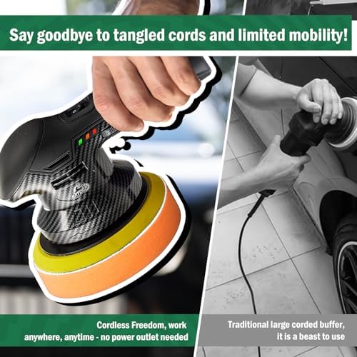 BATOCA 2026S3 Cordless Car Buffer Polisher, 2x11.1V Lithium-ion Rechargeable Battery Powered Polisher with 6 Variable Speed, DA Orbital Buffer for Car Detailing, Polishing, Waxing, Carbon Style