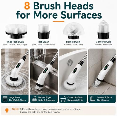 PPLEE Electric Spin Scrubber, Cordless Spin Scrubber, 3 Speeds, Long Handle