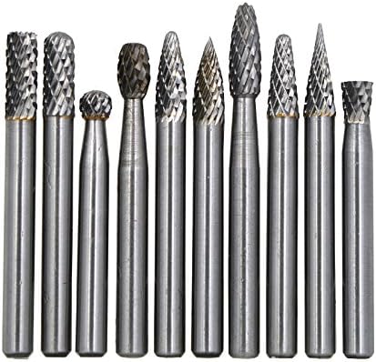 10Pcs/set 1/4 Dia. Pointed Tree Solid Carbide Burrs Heavy Duty Grinding Cutting Heads Chamfering Abrasion Industrial Deburring Rotary Tools for Steels Curved surfaces Slots Holes