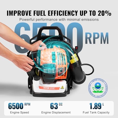 VEVOR 63CC Gas Backpack Leaf Blower, 2-Cycle 1110CFM 220MPH