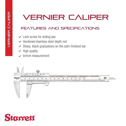 Starrett Vernier Caliper with Hardened Stainless Steel Depth Rod, Lock Screw and Sharp, Black Graduation - Metric, English, 0-6" Range, .001" Graduation - 125MEA-6/150