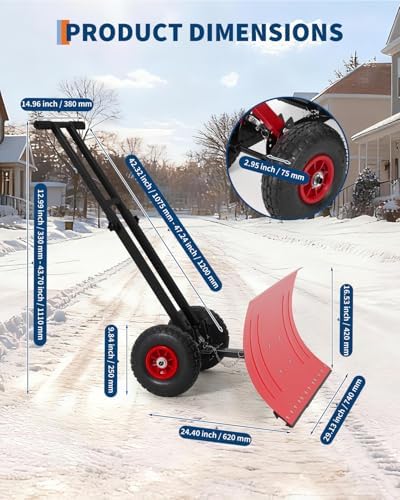 Garvee Snow Shovel with Wheels, 5-Position Angled Blade & Rubber Wheels, Heavy-Duty Back Saver Steel Snow Plow for Driveways, Sidewalks & Doorways, Double Rod, 29" W X 16.5" H, Red & Black