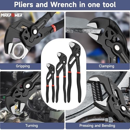 MAXPOWER 3-Pc Pliers Wrench Set, 7" 10" 12", Smooth Jaw, Push-Button Adjust