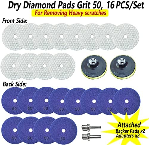 16 Packs Dry Diamond Polishing Pads Grit 50, 4 Inch Dry/Wet Granite Sanding Pad for Bufffing Marble Quartz Concrete Stone Tiles Used for Grinder Polisher Drill