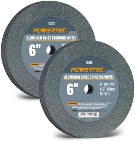 POWERTEC Bench Grinder Wheel 6 Inch 60 Grit, Aluminum Oxide Grinding Wheel for Bench Pedestal Grinder, 3/4" Thick 1/2" Arbor, Sharpening & Shaping Drill Bits, Blade, and Chisel 2PK (15515-P2)