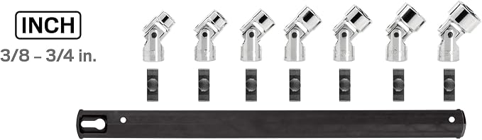 TEKTON 3/8 Inch Drive Universal Joint Socket Set, 7-Piece | SHD91118 | (3/8 - 3/4 in.), Shallow, 6-Point, Socket Rail
