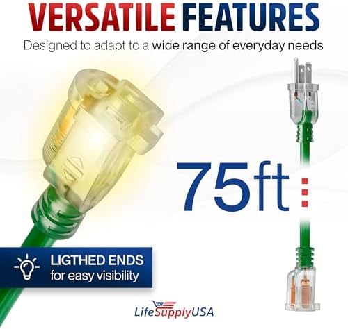 75ft Outdoor/Indoor Extension Cord 14/3 Gauge Heavy Duty 3 Prong SJTW, Waterproof, Flexible Cold-Resistant Long Power Cord,13A 125V 1625W, Green by LifeSupplyUSA
