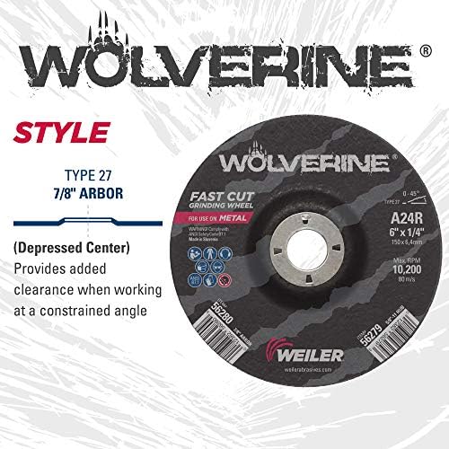 Weiler 56280 6" X 1/4" Wolverine Type 27 Grinding Wheel, A24R, 7/8" A.H. (Pack of 10)