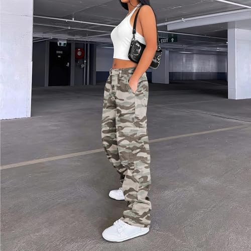 Lepunuo Cargo Pants for Women High Waisted Casual Pants Baggy Stretchy Wide Leg Y2K Streetwear with 6 Pockets