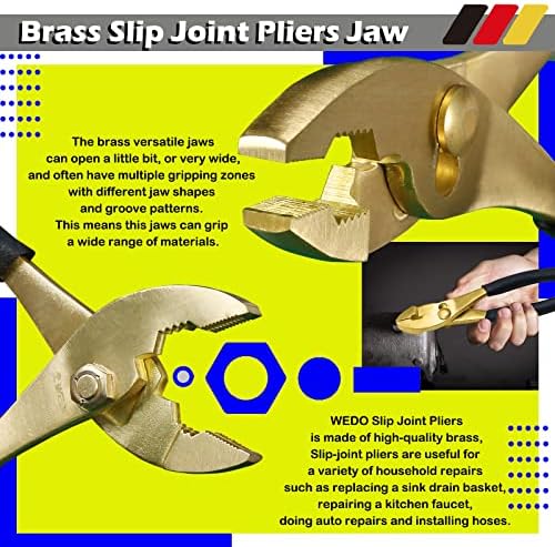 WEDO 3-Piece Brass Pliers Set, 6" Slip Joint, 8" Snipe Nose, 10" Groove Joint, Non-Slip Ergonomic Plastic Handle