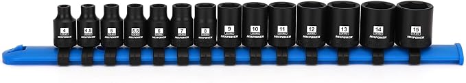 MIXPOWER 1/4" Drive Shallow Magnetic Impact Socket Set with Storage Rails, 14-Piece, 6 Point, 4-15mm, Metric, CR-MO