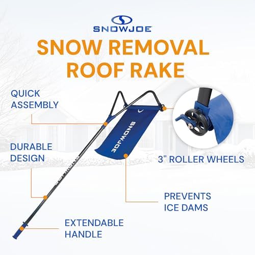 Snow Joe RJ208M Roof Rake Snow Removal Tool, Snow and Ice Scraper with Debris Slide and 28-Foot Reach, Includes 4 Adjustable Extension Poles