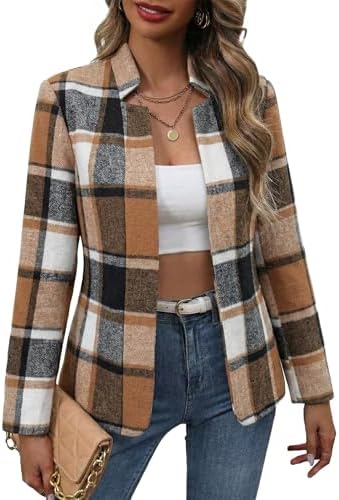 Mina Self 2026 Fall Women's Open Front Tweed Blazer,Plaid Fitted Jacket