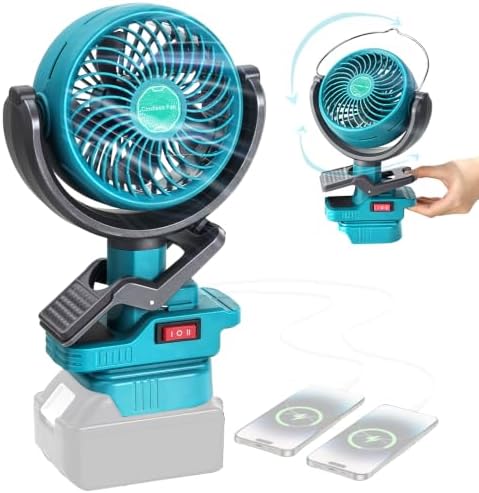 Portable Clip Fan compatible with Ma-ki-ta 18v Battery, Battery Powered Fan with Dual USB Charging, Cordless Fan with Adjustable Head, for Car, Home, Outdoor,Camping, Picnic and Job Site(Tool Only)