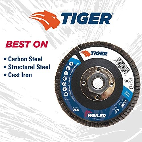 Weiler 50699 4-1/2" Tiger Disc Abrasive Flap Disc, Flat (TY27), Phenolic Backing, 120Z, 5/8"-11 UNC Nut (Pack of 10)