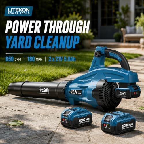 LITEKON Leaf Blower Cordless, 650CFM & 13 Speed Modes, Brushless Electric Cordless Leaf Blowers with 2 x 5.0Ah Batteries and Charger, 21V Powerful Blowers for Lawn Care, Blowing Leaves, Dust, Blue