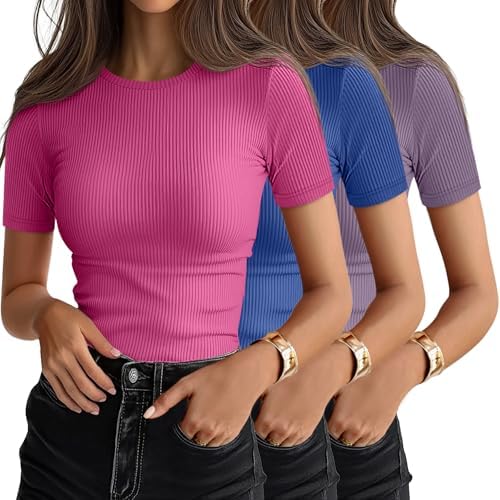 Ficerd 3 Pack Women's Ribbed Short Sleeve T-Shirts