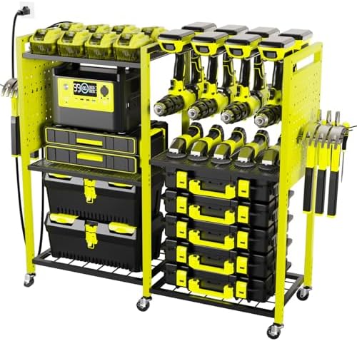 Heavy-Duty Power Tools Organizer Cart with Charging Power Strip, 6-Tier Rolling Utility Cart with 8 Hooks and 6 Load-Bearing Wheels, Garage Tool Storage Rack for Workshop for Men