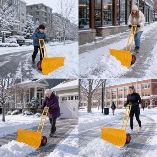 MAXSA 39" W Snow Shovel Pusher with Wheels for Driveway, Double Rod, Yellow
