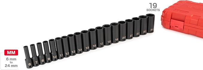 TEKTON 3/8 Inch Drive Deep 6-Point Impact Socket Set, 19-Piece (6-24 mm) - Case | SID91303 | (6 - 24 mm), Deep, 6-Point, Case