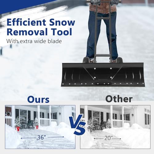 Moccha 36” Wide Snow Pusher - Heavy-Duty Efficient Snow Shovel with Wheels, 7-Position Angled Blade, Ergonomic Handle for Snow Removal, Back Saver Snow Plow Shovel for Driveway and Sidewalks