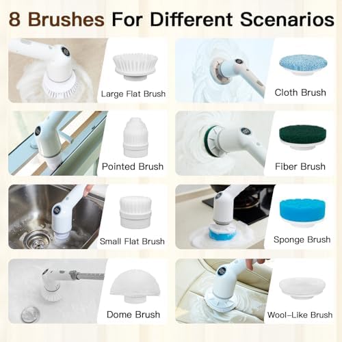 Electric Spin Scrubber: Cordless Shower Scrubber with 8 Replaceable Brush Heads- 3 Adjustable Speeds- Adjustable Extension Handles- Power Cleaning Brush for Bathroom- Floor- Tile
