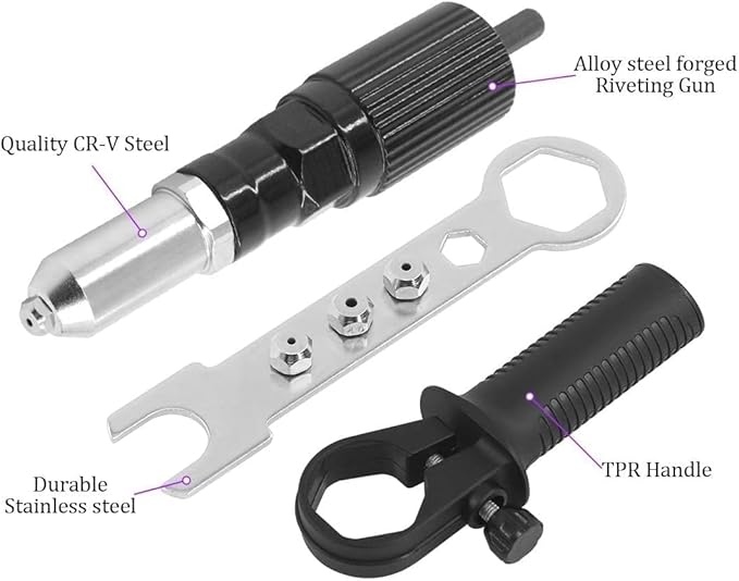 Pop Rivet Gun Tool, Professional Cordless Riveter Adapter Kit Riveter Nut Tool Drill Attachment for Cordless Electric Power Drill (4 Threaded Head Sizes: 2.4/3.2/4.0/4.8mm)