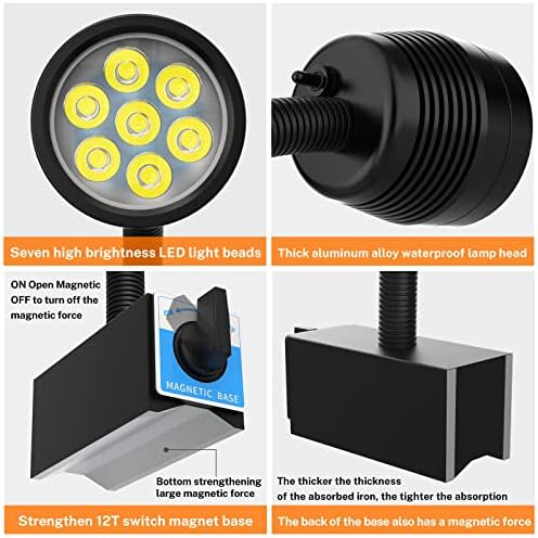 Magnetic Work Light, Led Magnetic Lamp, IP65 Water Proof Flexible Gooseneck Lamp 1400 Lumens for Lathe Milling, Drill Press, Industrial Lighting,with 12T Magnetic Base…