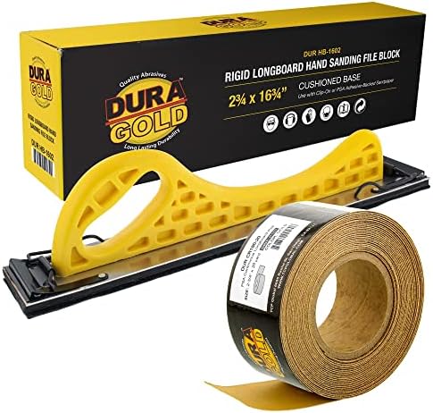 Dura-Gold Pro Series Longboard Hand Sanding File Sander Block - Hook & Loop Backing and PSA Backing Adapter Pad & 180 Grit PSA Longboard Sandpaper 20 Yard Roll, 2-3/4" Wide
