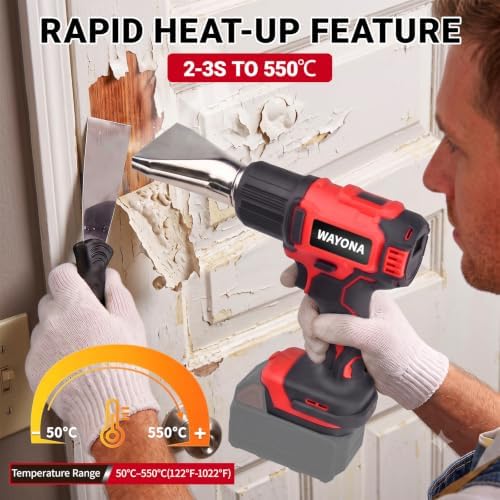 Wayona Cordless Heat Gun Compatible with Milwaukee M18 Battery (No Battery), 350W High Power Hot Air Gun with LCD Digital Display Variable Temperature Control 50℃~550℃ (122℉~1022℉) for Shrink Tubing