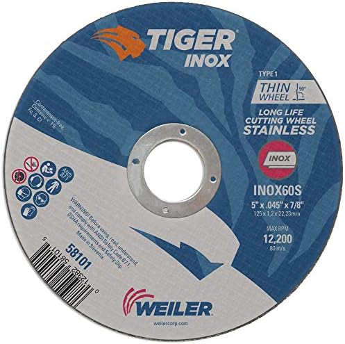 Weiler 58101 5 Inch Cutting Wheel, Tiger Inox Stainless Steel Contaminant-free High Performance Cutting, .045" INOX60S Type 1 7/8" Arbor, Pack of 25