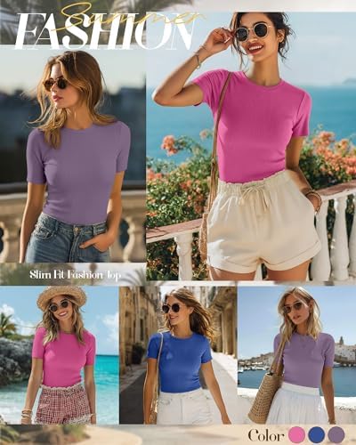Ficerd 3 Pack Women's Ribbed Short Sleeve T-Shirts