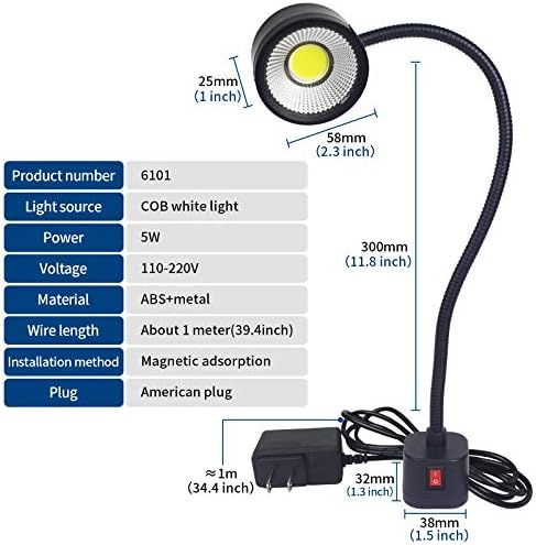 Led Magnetic Work Light 300mm Flexible Gooseneck lamp 500 Lumens 120 Volt for Sewing Machine Lathe Milling Drill Press Industrial Lighting