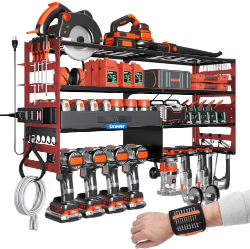 Gotega Power Tool Organizer Wall Mount, Heavy Duty Tool Storage Rack, Red