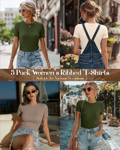 Ficerd 3 Pack Women's Ribbed Short Sleeve T-Shirts