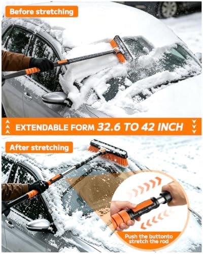 42'' Car Snow Brush and Ice Scraper with Portable Car Snow Shovel, 180° Swivel Brush Head, Extendable 5-in-1 Snow Removal Kit for Windshield, Truck, Car, SUV, Vehicle Winter Snow Removal Tool