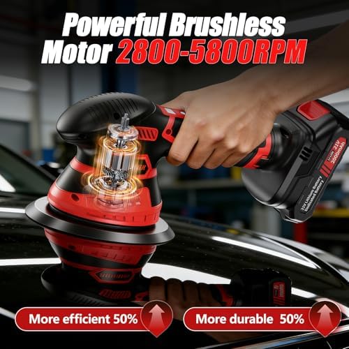 Cordless Car Buffer Polisher, 6-Speed Orbital (5500RPM) DA Polisher with 2x 21V 2000mAh Batteries, 6 Inch Lightweight Power Buffer for Car Detailing, Waxing, Polishing & Scratch Removal