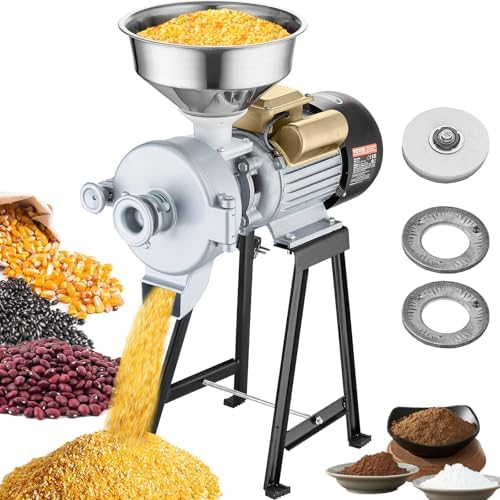 VEVOR Electric Grain Mill Grinder, 3000W Spice Grinders, Commercial Corn Mill with Funnel, Thickness Adjustable Powder Machine, Heavy Duty Feed Flour Cereal Mill Wheat Grinders, Dry & Wet Grinder