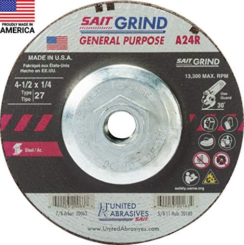 United Abrasives-SAIT 20163 A24R General Purpose/Long Life Grinding Wheel (Type 27/Depressed Center) 4 1/2" x 1/4" x 5/8-11", 10-Pack