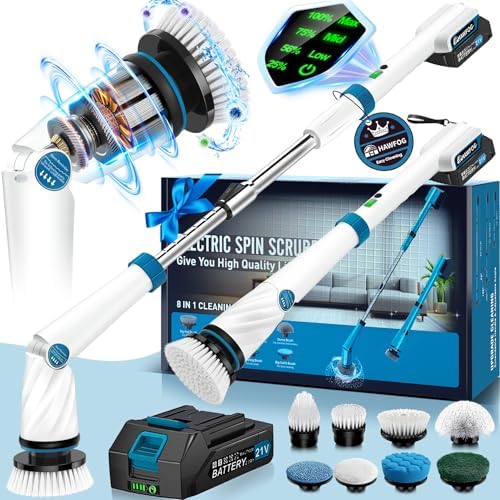 Electric Spin Scrubber, Electric Scrubber for Cleaning, 1200 RPM Shower Scrubber, 50inch Long Handle Electric Cleaning Brush 2000mAh Battery Cordless Power Spin Scrubber with 8 Brushes