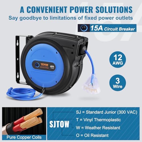 VEVOR 65FT Retractable Extension Cord Reel, 12AWG/3C SJTOW Heavy Duty Power Cord w/Lighted Electrical Triple Tap Outlets, 15A Circuit Breaker,180° Swivel Bracket for Workshop or Garage, Blue