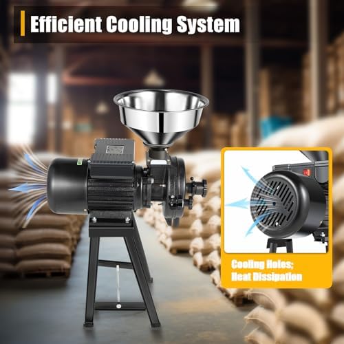 Electric Mill Grinder, 1500W Grain Milling Machine, 110V1400r/m Commercial 9.64Inch Stud Length 5.9Inches Cast Steel Abrasive Disc Dry Items Grinding w/Stainless Steel Funnel, Capacitor Box, Black