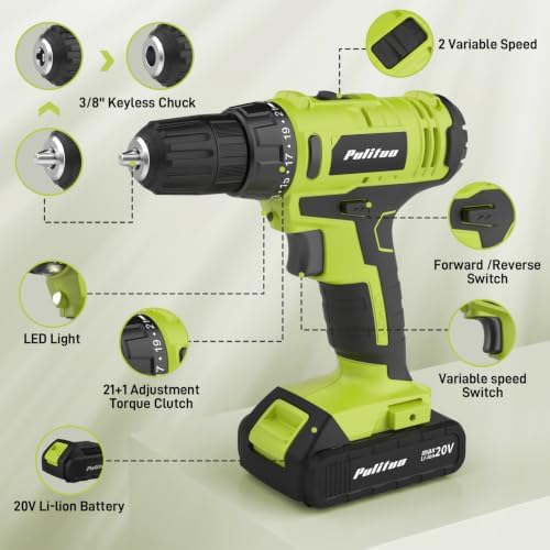 PULITUO 20V Cordless Drill Set, 2 Batteries Electric Screwdriver, 30Nm Power Drill Driver, 21+1 Torque, 2 Speed, 3/8"Keyless Chuck, power Drill with LED Light, Drill Driver Kit for Home (Green)