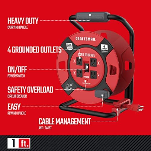 CRAFTSMAN Retractable Extension Cord Reel, 4 Outlets, Cable Management