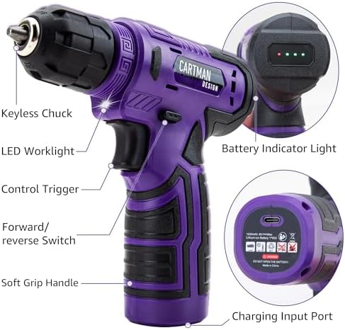 CARTMAN 150PCS 8V Cordless Drill Hand Tool Set, Purple Household Repair Kit