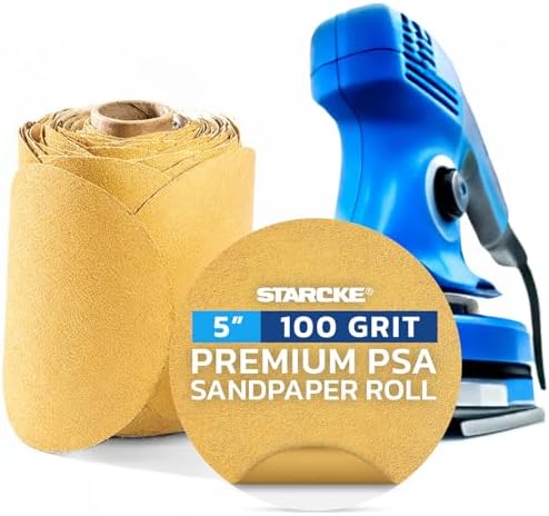 5 inch Sanding Discs 100 Grit Sandpaper Discs PSA Adhesive Sandpaper Roll No Hole - Disc Gold Round Sanding Paper, Durable Sand Paper for Wood, Auto Body, Metal, Marine Paint for Smooth Surfaces