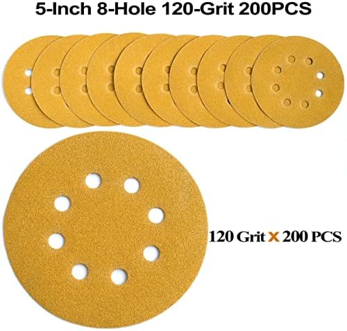 5-Inch 8-Hole Hook and Loop Sanding Discs 120-Grit, 200-Pack