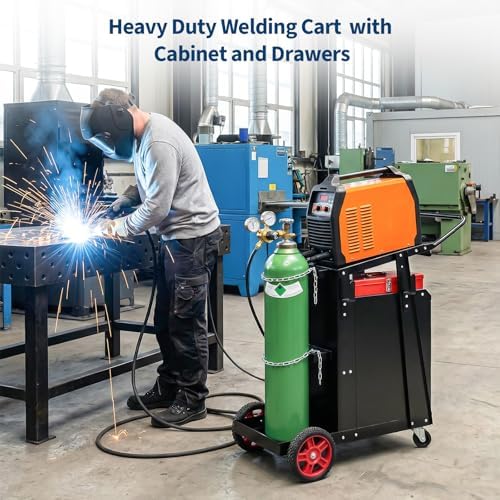 Welder Cart with Drawers and Cabinet, Heavy Duty Welding Cart with Safety Chains and Cylinder Slots for Mig/Tig Welder and Plasma Cutter,220 LB Weight Capacity